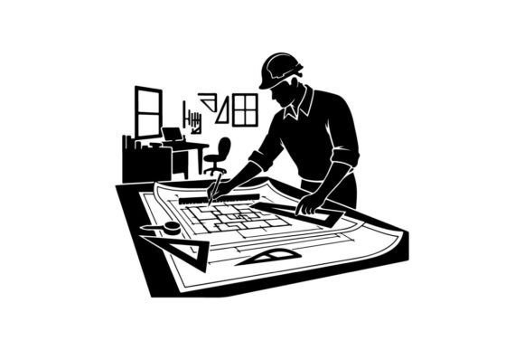 Download Engineer Reviewing Blueprints Vector Ill - Vector Collection